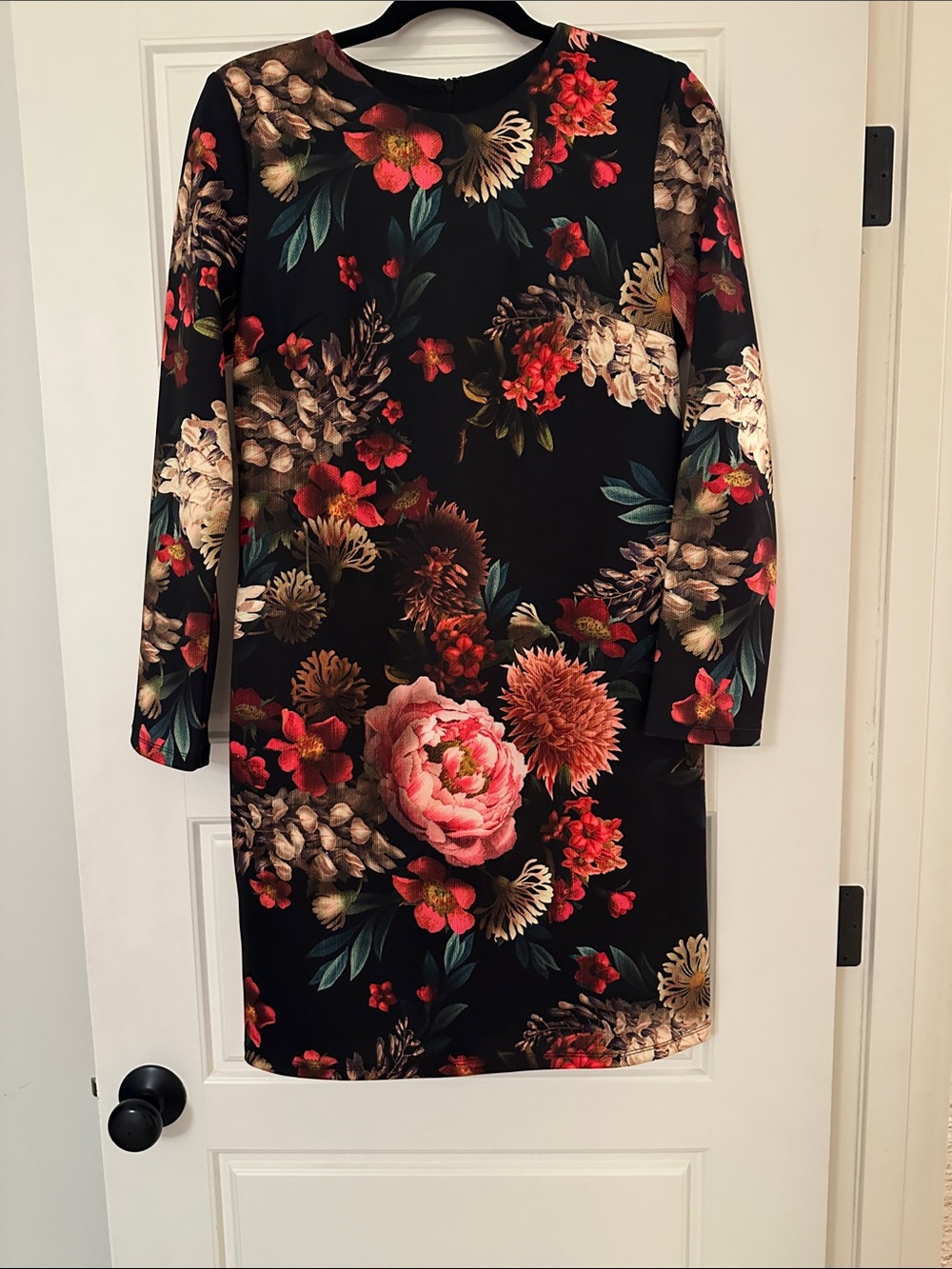 Black Floral Long-Sleeve Shift Dress with Pink & Red Blooms